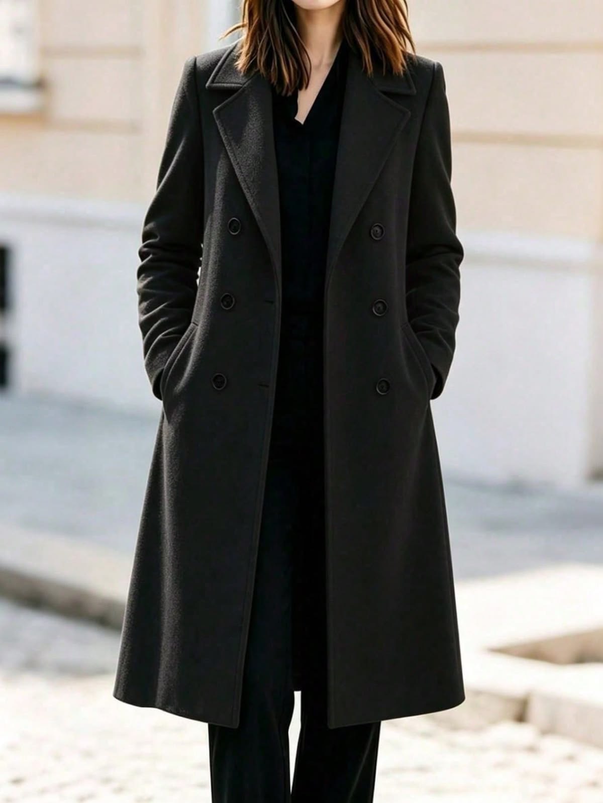 Notched Lapel Double Breasted Long Wool Blend Coat